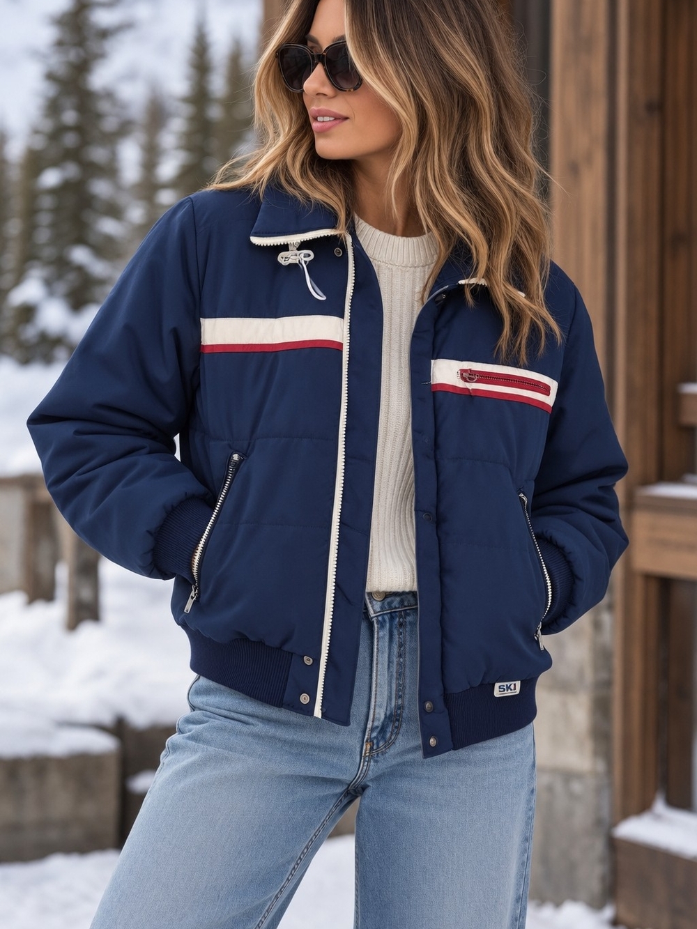 Vintage Stag Ski Snow  Jacket with Cream and Red Stripes
